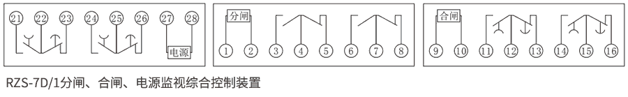 RZS-7D系列分、合閘、電源監(jiān)視繼電器內(nèi)部接線圖